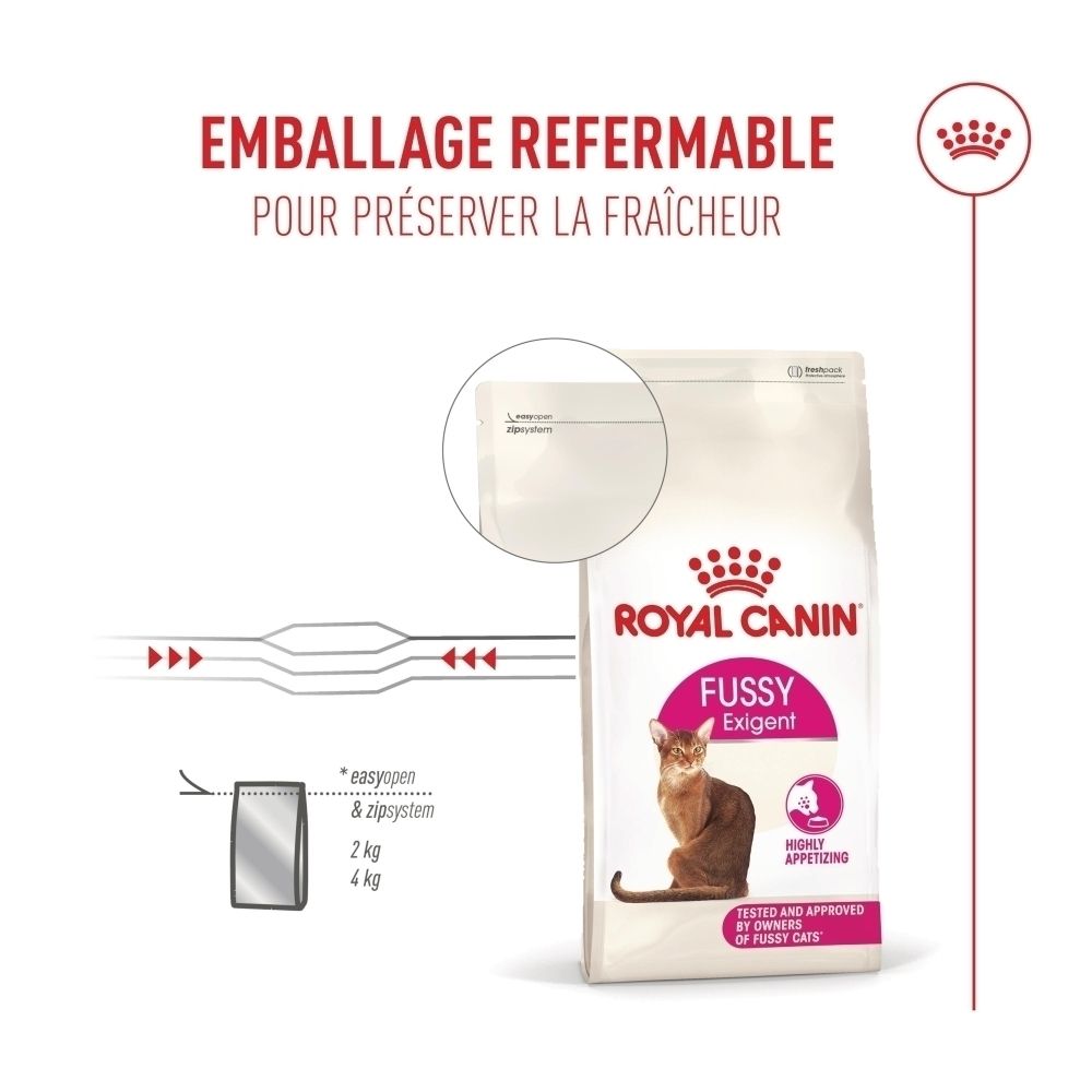 Sac de croquettes Royal Canin Fussy Exigent pour chats, refermable, avec illustration de chat.