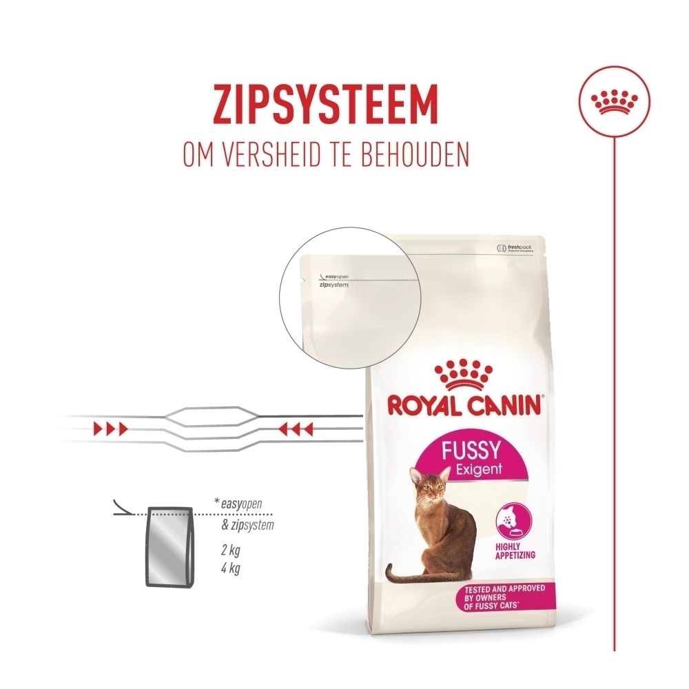 Royal Canin Fussy Exigent kattenvoer zak met ritssluiting en kattenafbeelding.