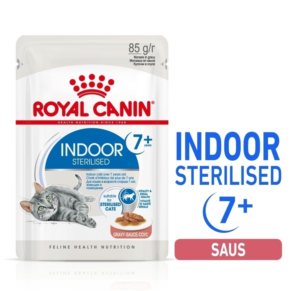 Zakje Royal Canin Indoor 7+ Sterilised kattenvoer, 85g, met afbeelding van kattenvoer.