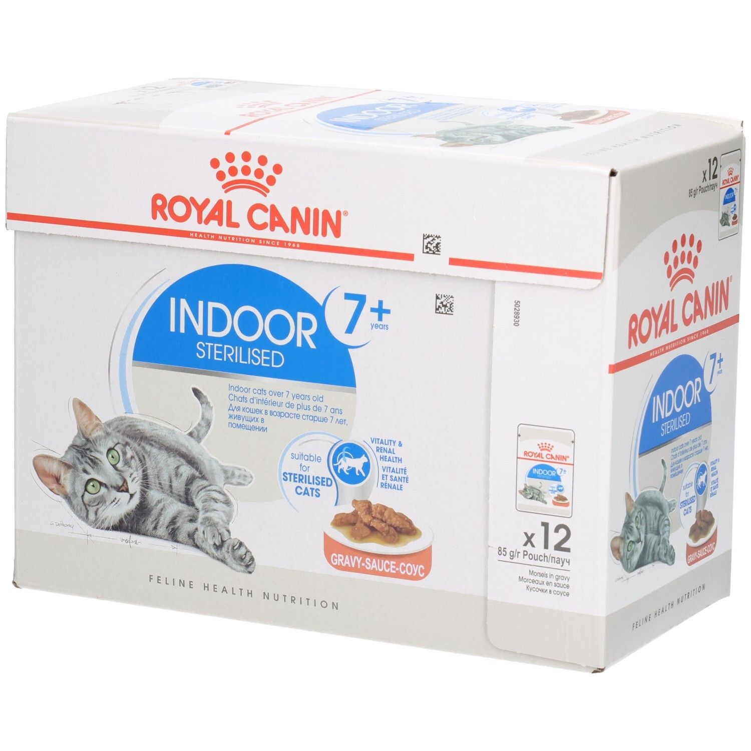 Boîte de 12 sachets Royal Canin Indoor 7+ Sterilised pour chats.