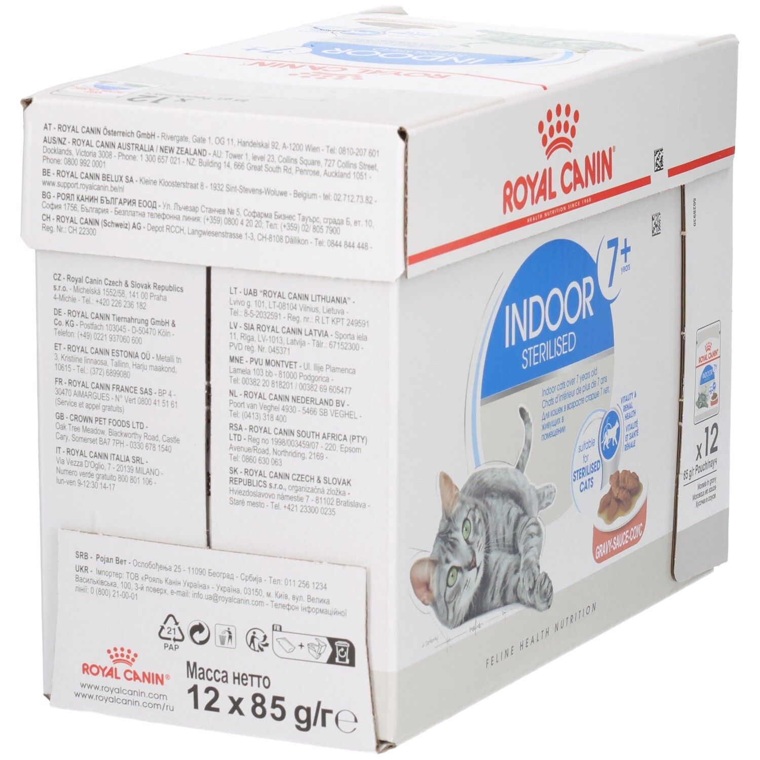 Arrière d'une boîte de 12 sachets Royal Canin Indoor 7+ Sterilised pour chats.