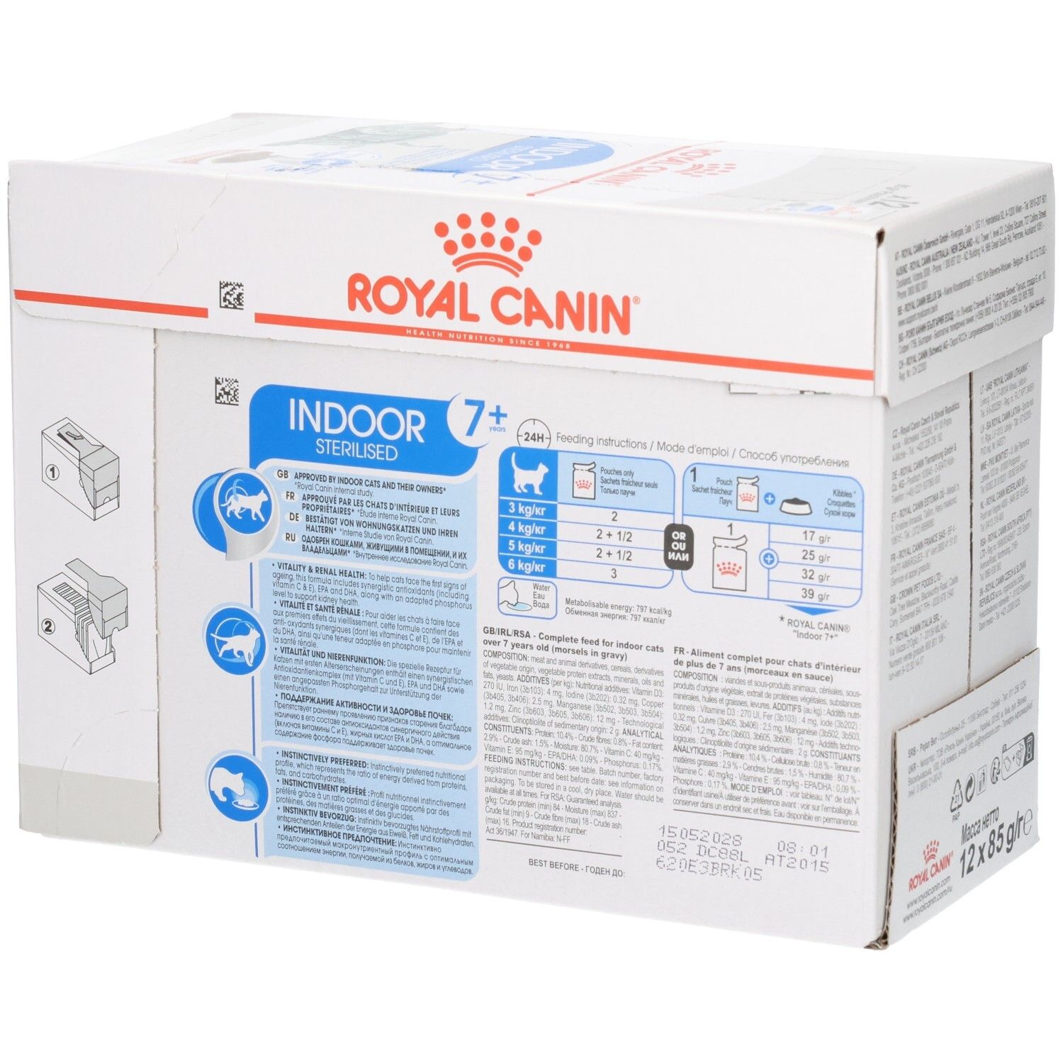Vue latérale d'une boîte de 12 sachets Royal Canin Indoor 7+ Sterilised pour chats, avec instructions.