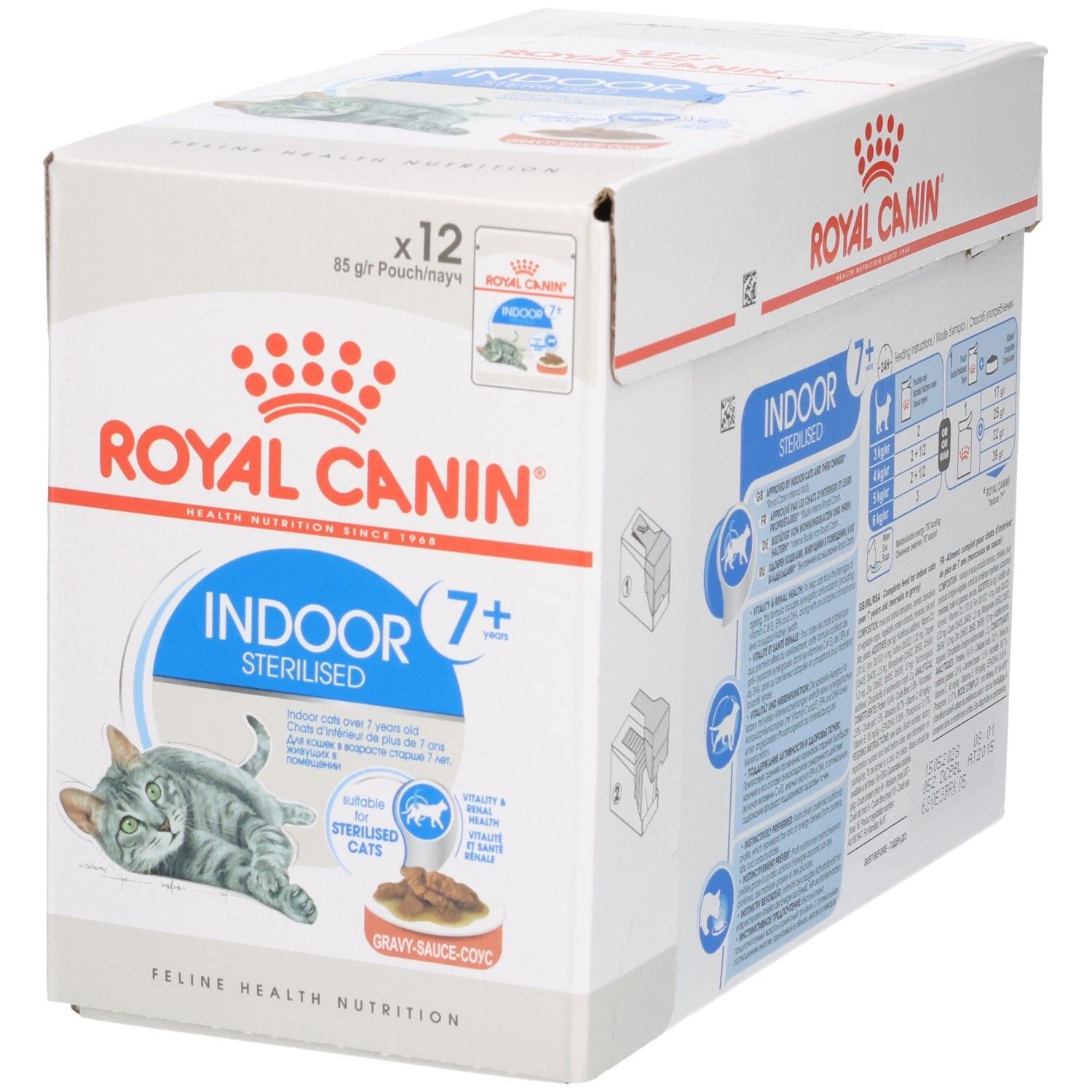 Face avant d'une boîte de 12 sachets Royal Canin Indoor 7+ Sterilised pour chats.