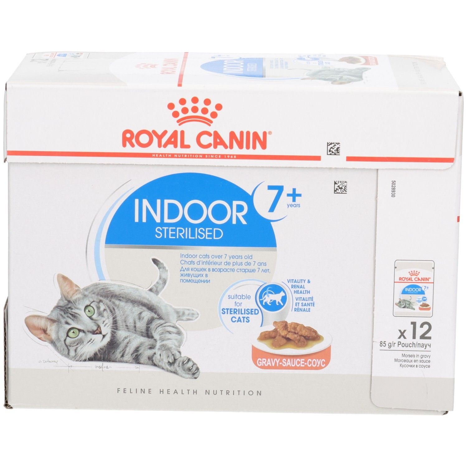 Boîte de 12 sachets Royal Canin Indoor 7+ Sterilised pour chats, avec un chat sur le devant.
