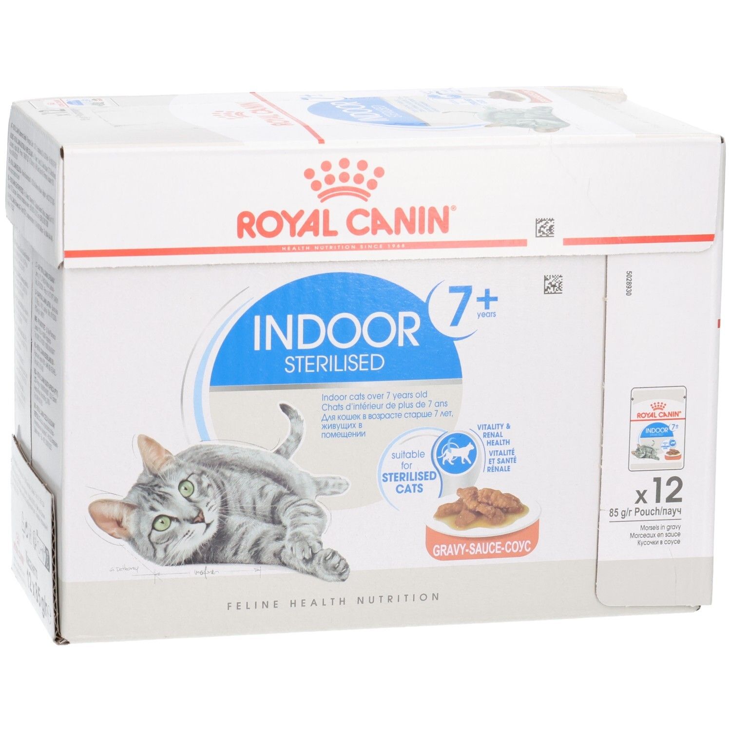 Boîte de 12 sachets Royal Canin Indoor 7+ Sterilised pour chats, avec un chat sur le devant.