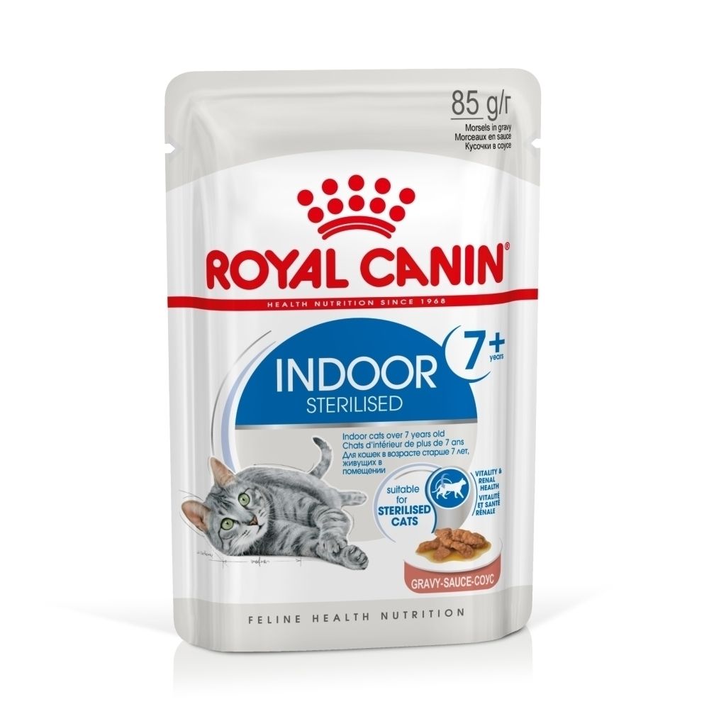 Zakje Royal Canin Indoor 7+ Sterilised kattenvoer, 85g, met afbeelding van kattenvoer.