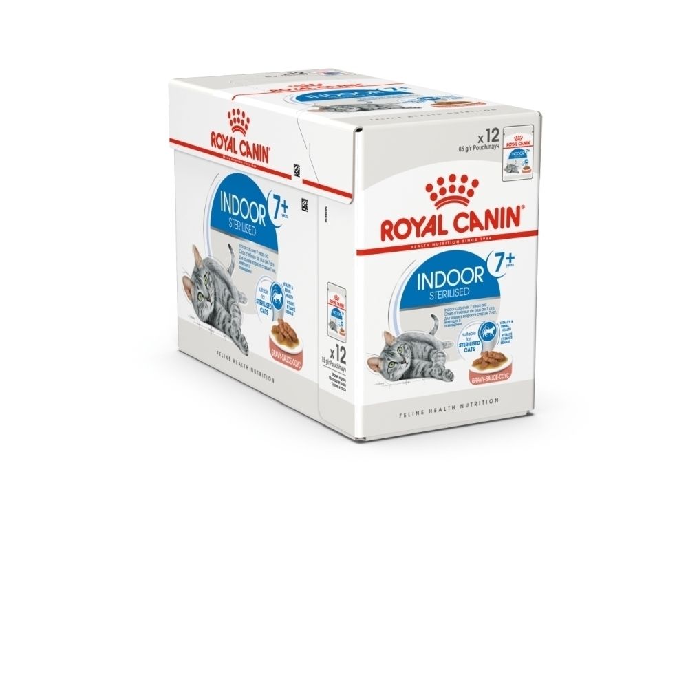 Sachet Royal Canin Indoor 7+ Sterilised pour chats, 85g, avec une image de nourriture pour chat.