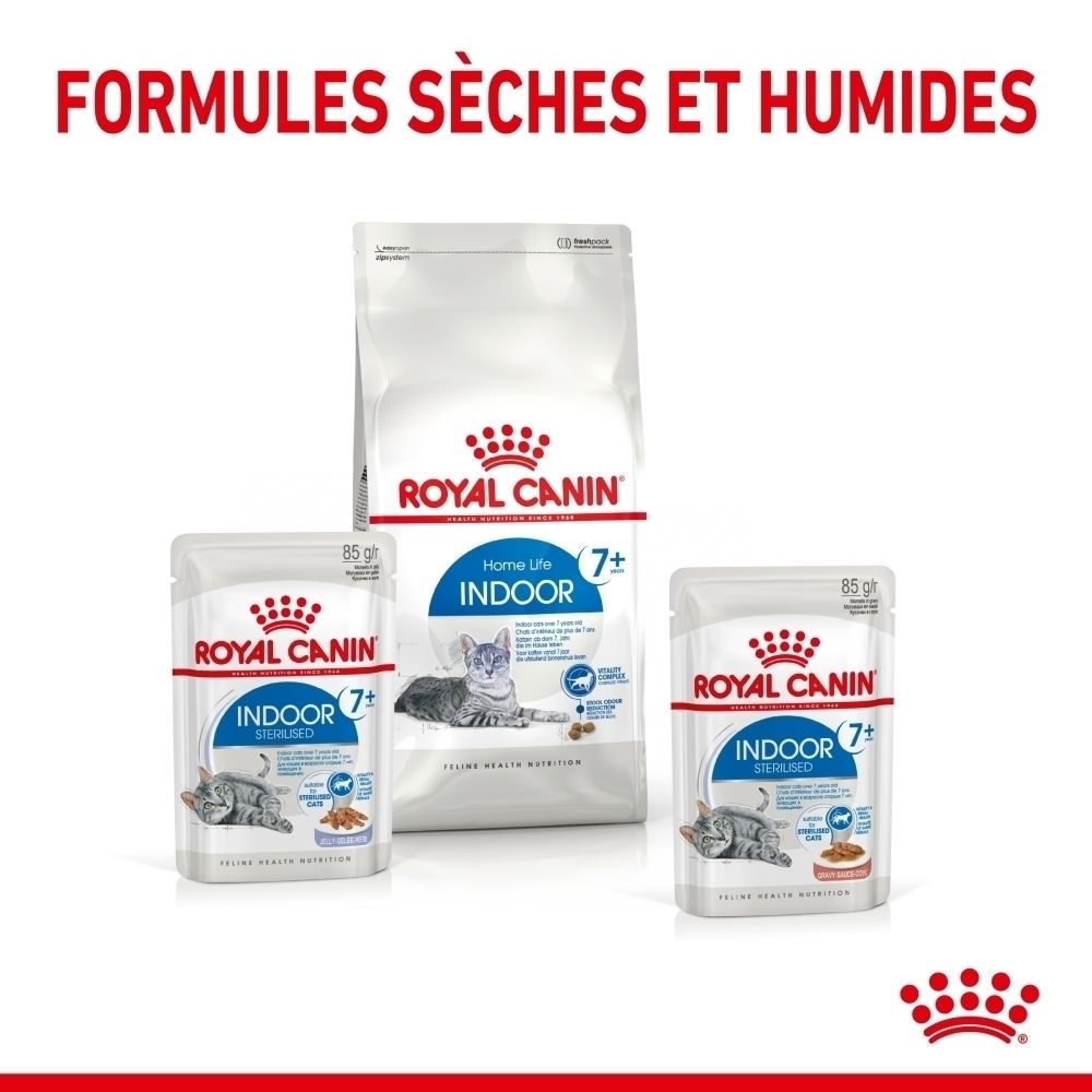 Sachet Royal Canin Indoor 7+ Sterilised pour chats, 85g, avec une image de nourriture pour chat.