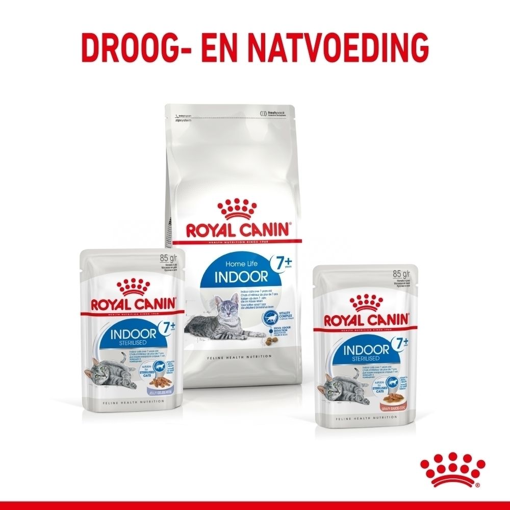 Zakje Royal Canin Indoor 7+ Sterilised kattenvoer, 85g, met afbeelding van kattenvoer.