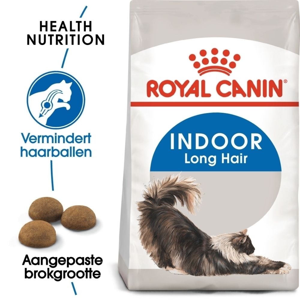 Royal Canin Indoor Long Hair kattenvoer verpakking met illustratie van kat en brokjes.