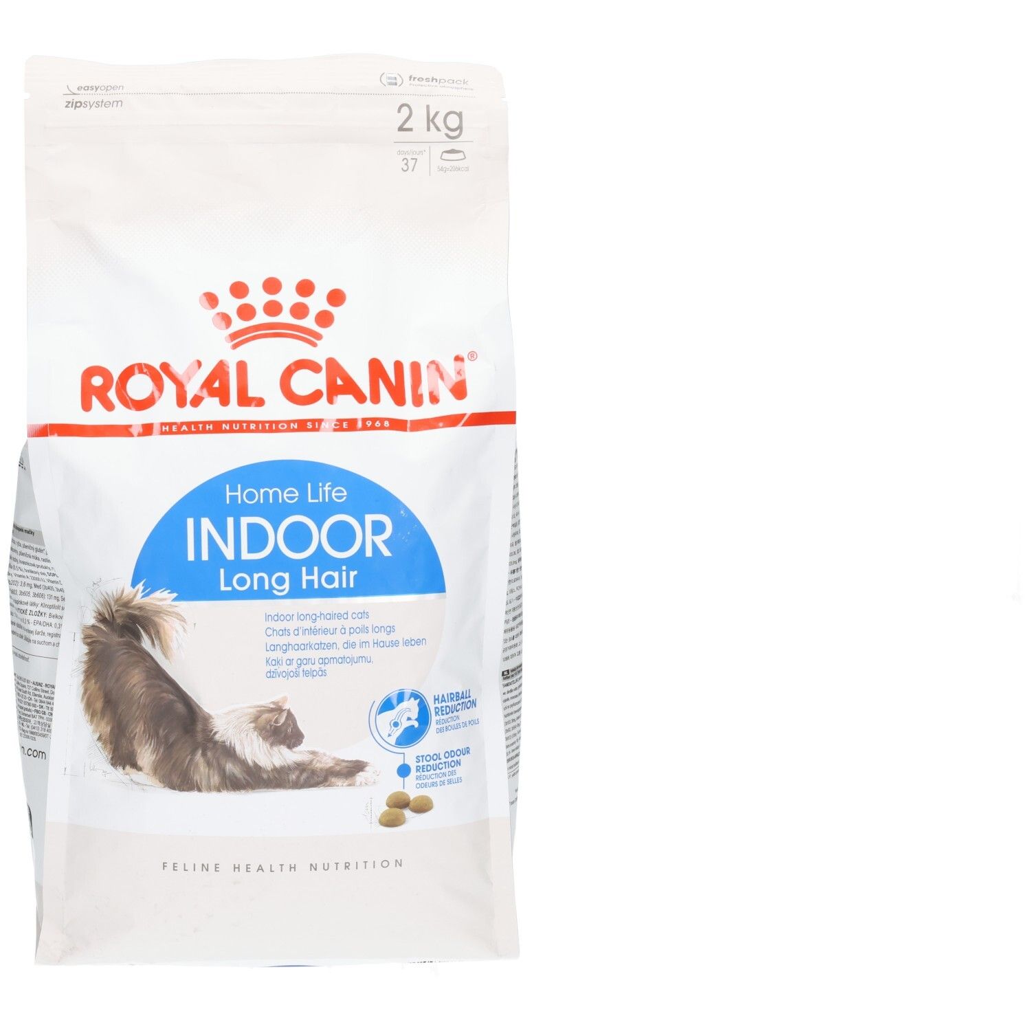 Royal Canin Home Life Indoor Long Hair kattenvoer, 2 kg zak met kattenafbeelding.