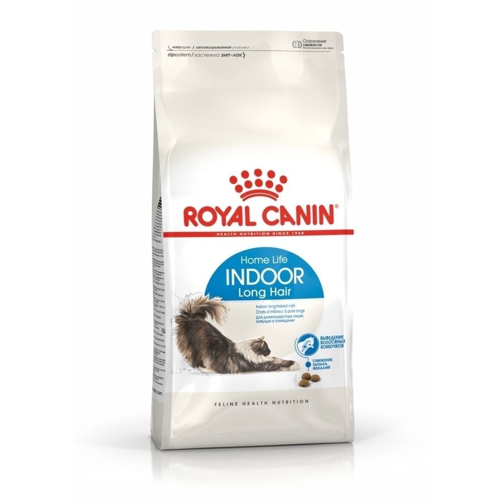 Sac de nourriture pour chat Royal Canin Indoor Long Hair avec image de chat et informations produit.