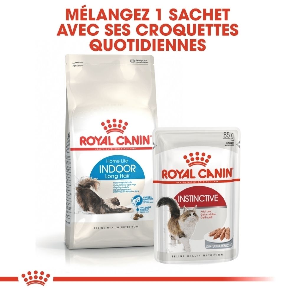 Nourriture pour chats Royal Canin : sac pour chats d'intérieur à poils longs et sachet pour alimentation instinctive.