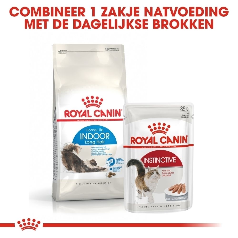 Royal Canin Indoor Long Hair droogvoer en Instinctive natvoer voor katten.