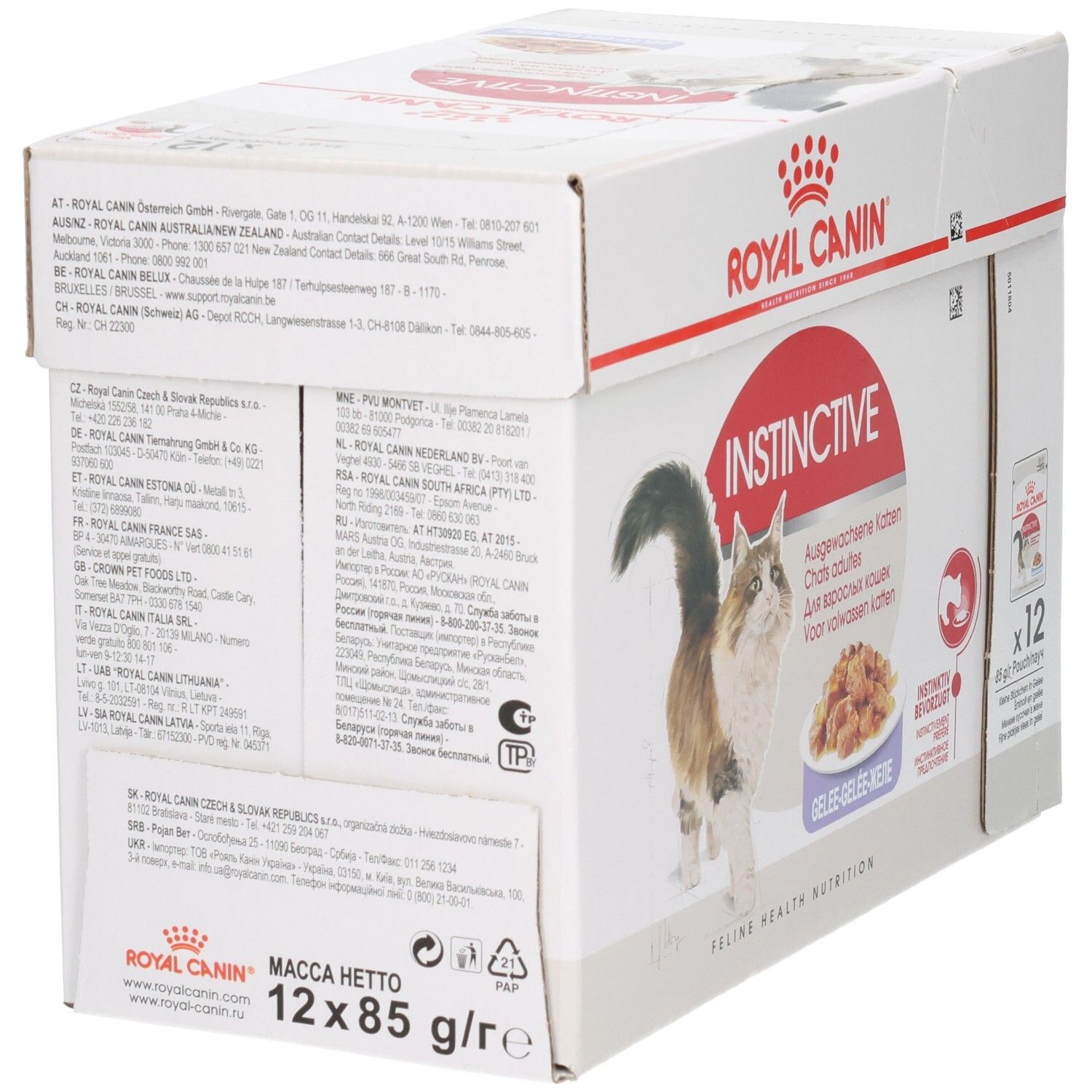 Royal Canin Instinctive Multipack: Arrière avec informations fabricant et aperçu produit.