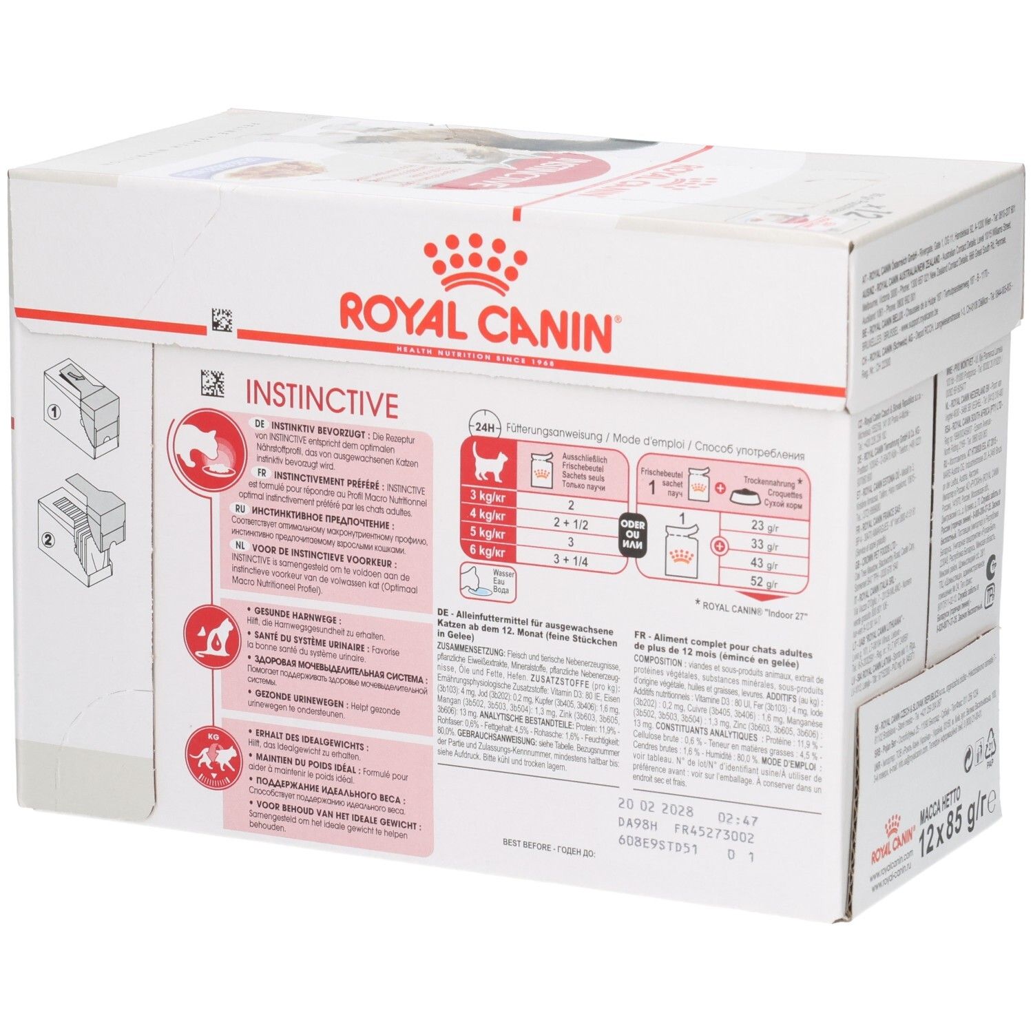 Royal Canin Instinctive Multipack: Vue latérale avec recommandations alimentaires et caractéristiques produit.