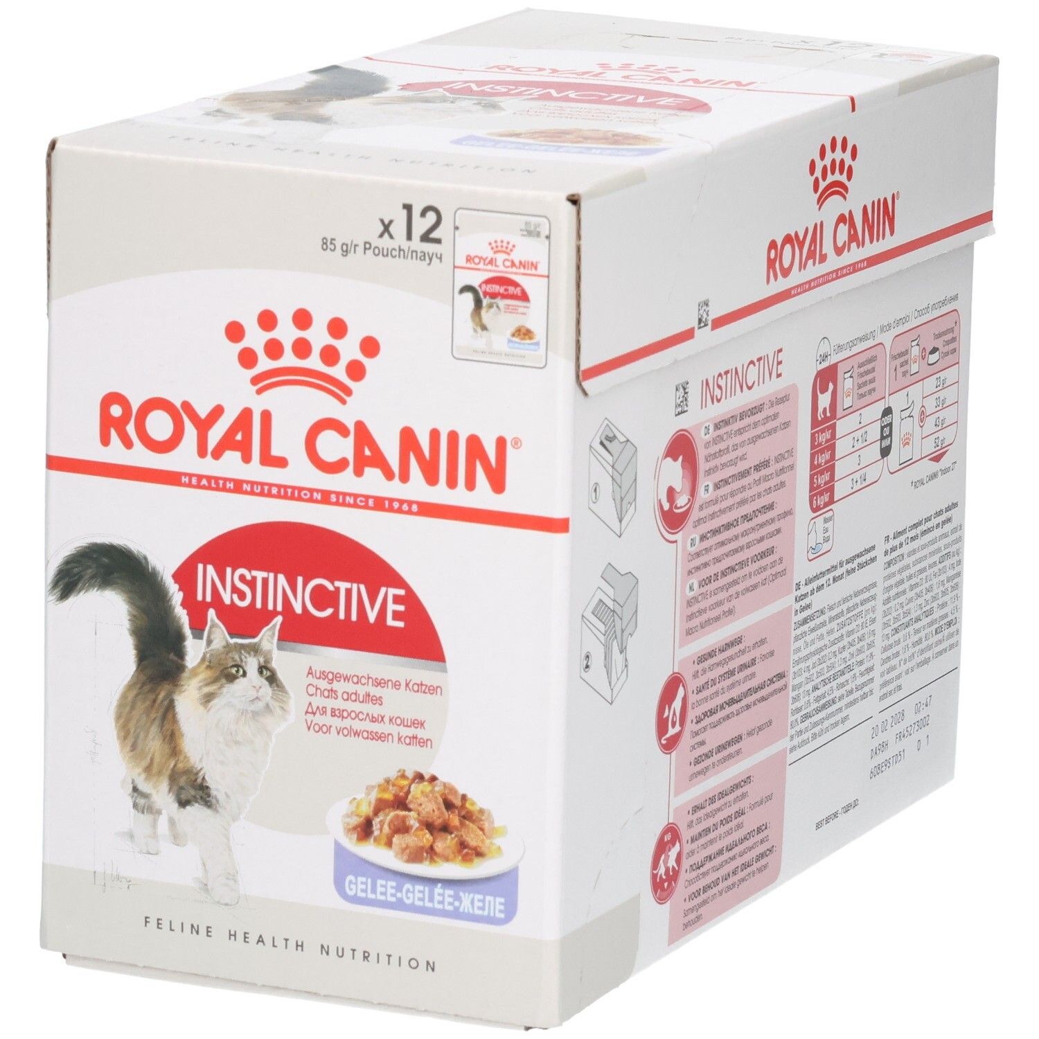 Royal Canin Instinctive Multipack: Façade avec chat, gamelle de nourriture et informations produit.