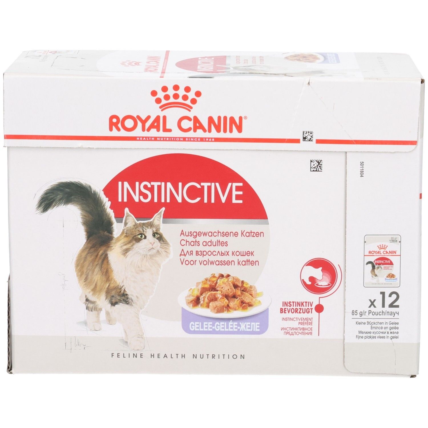 Royal Canin Instinctive Multipack: Carton 12x85g, montre chat et nourriture en gelée.