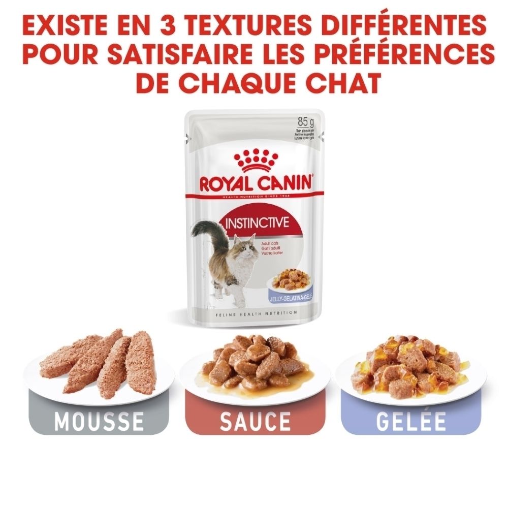 Sachets de nourriture pour chat Royal Canin Instinctive, trois textures : mousse, sauce et gelée.