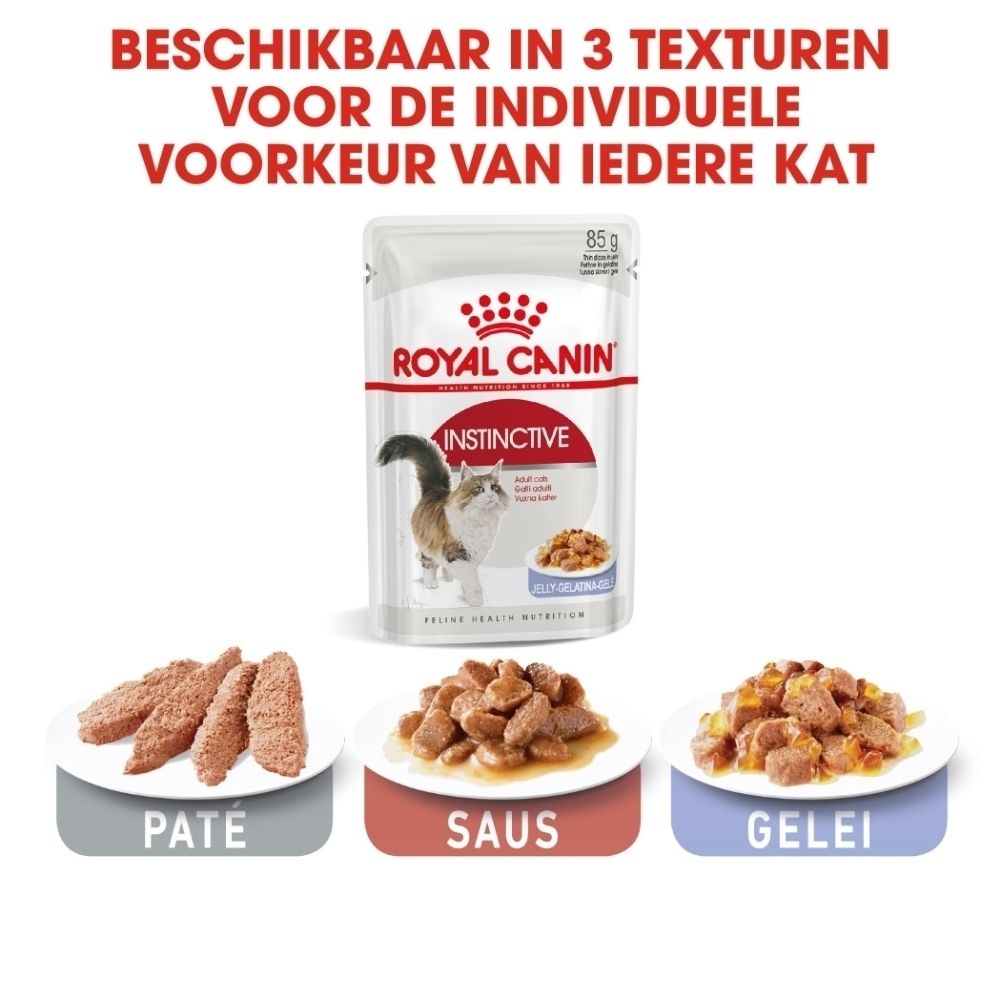 Royal Canin Instinctive kattenvoer in 3 texturen: Paté, Saus, Gelei. 85g zakje.