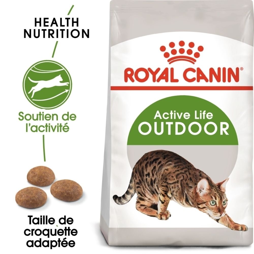 Sac de croquettes Royal Canin Active Life Outdoor avec image de chat et croquettes.