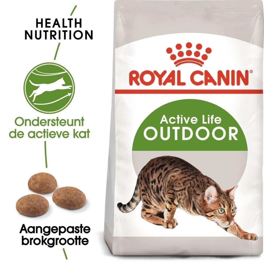 Royal Canin Active Life Outdoor kattenvoer zak met Bengaalse kat en brokken.