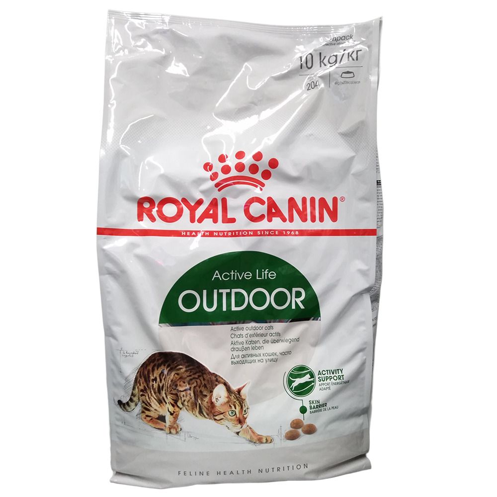 Zak van 10 kg Royal Canin Outdoor kattenvoer, met kattenafbeelding.