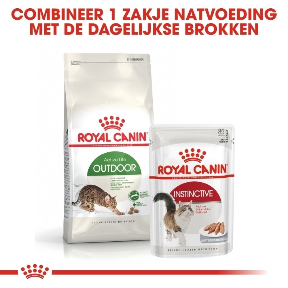 Twee verpakkingen Royal Canin kattenvoer: droogvoer 'Active Life Outdoor' en natvoer 'Instinctive'.