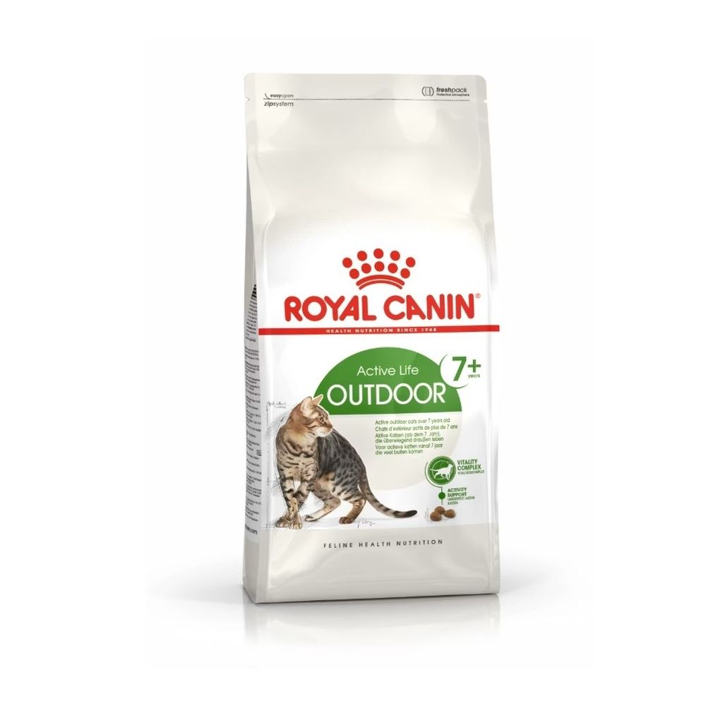 Zak van 10 kg Royal Canin Outdoor 7+ kattenvoer, met kattenafbeelding en productinformatie.