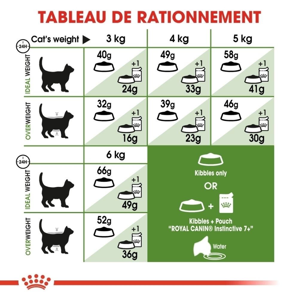 Tableau de rationnement pour chats : poids, idéal et surpoids, quantité de nourriture en grammes.
