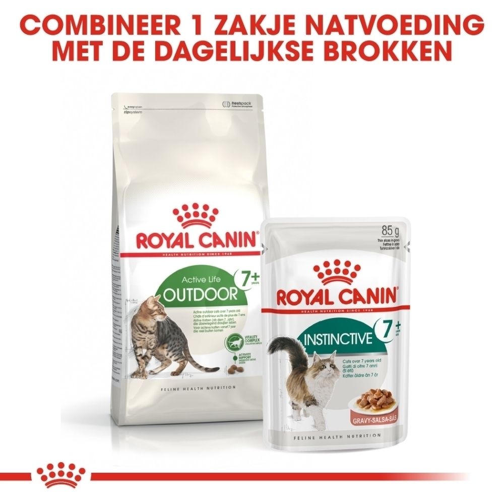 Royal Canin kattenvoer: droogvoer "Active Life Outdoor 7+" en natvoer "Instinctive 7+" in zakje.