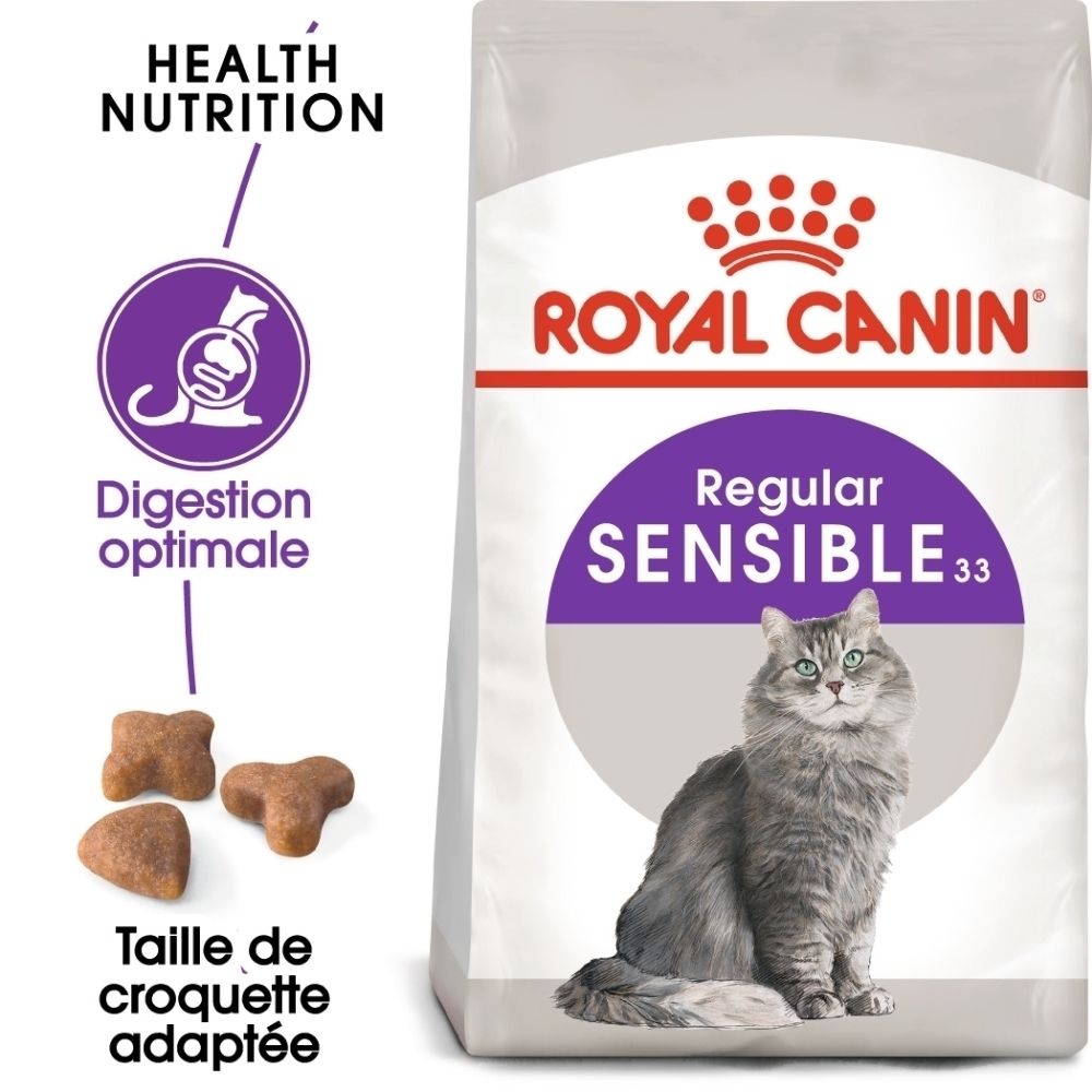 Sac de nourriture pour chat Royal Canin, variété Regular Sensible 33, avec image de chat et croquettes.