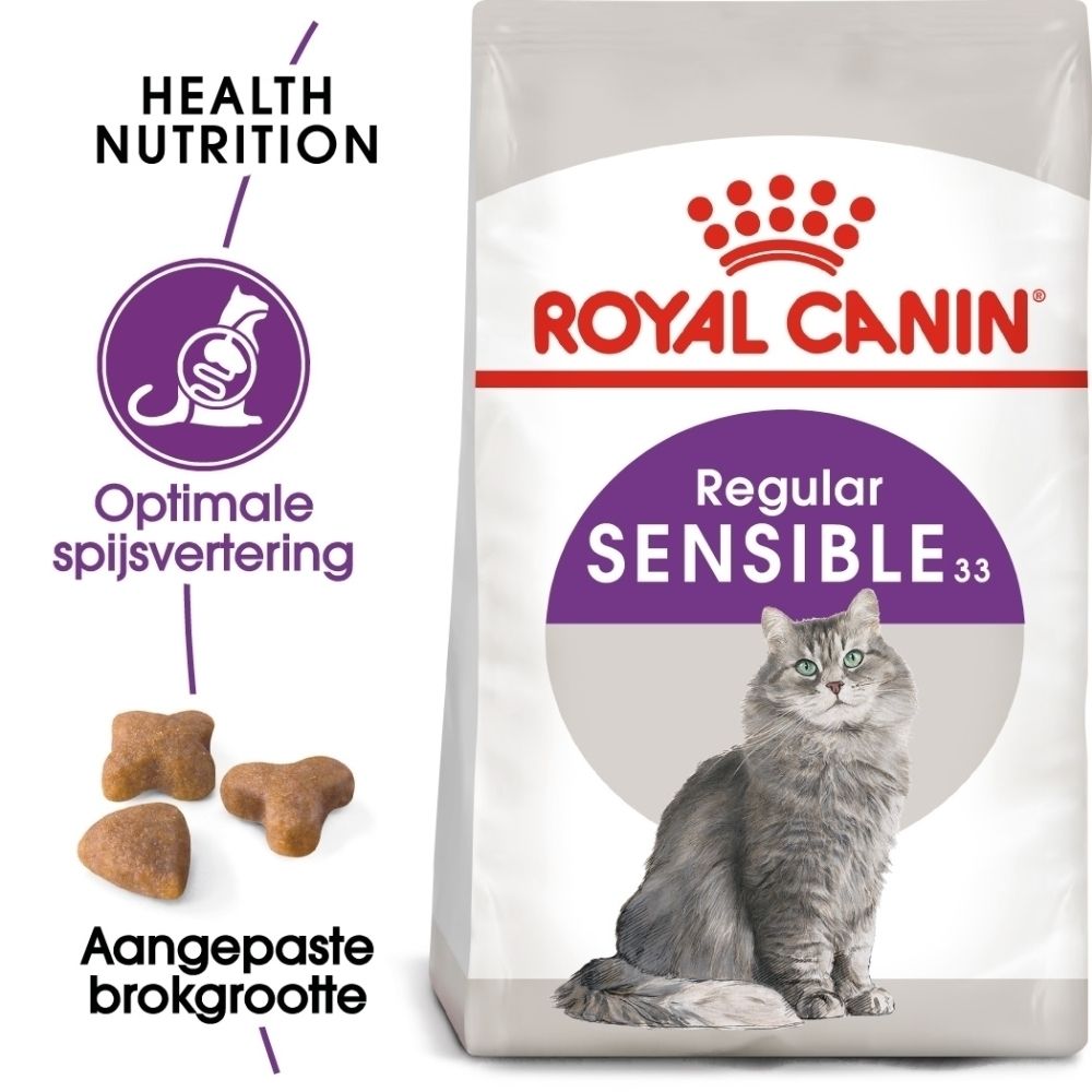 Royal Canin Sensible 33 kattenvoer zak, met afbeelding van kat en brokken.