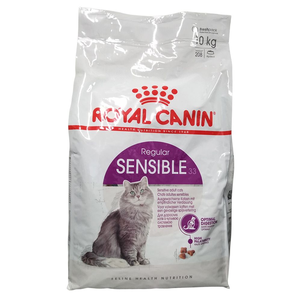 Royal Canin Feline Sensible kattenvoer, 10 kg zak met kattenafbeelding.