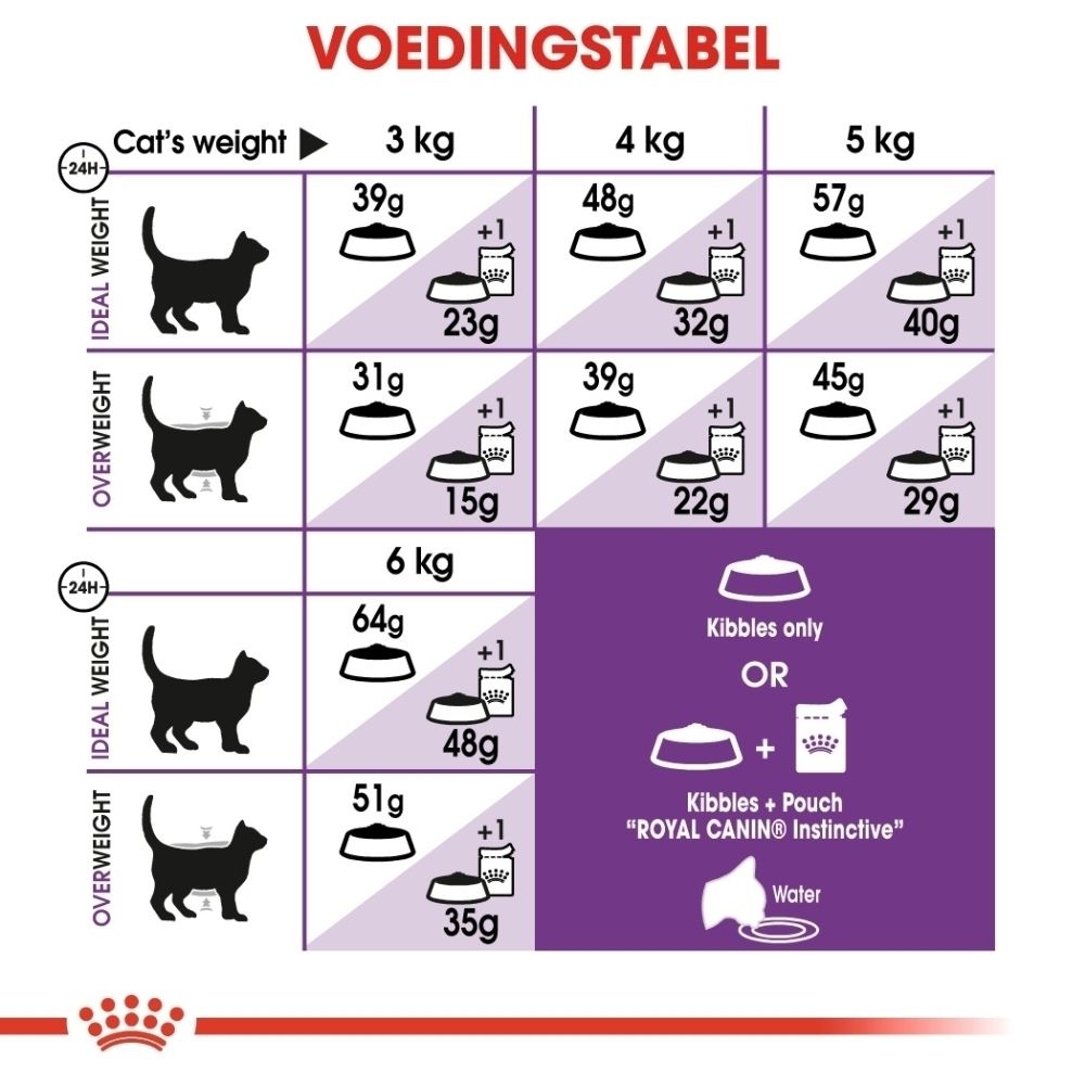 Voedingstabel voor katten: gewicht, ideaal en overgewicht, hoeveelheid voer in gram.