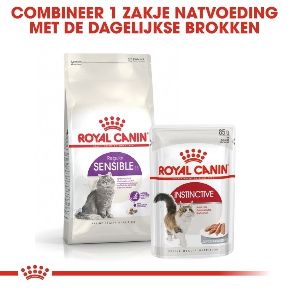 Royal Canin kattenvoer: 'Sensible' droogvoer en 'Instinctive' natvoer in een zakje.
