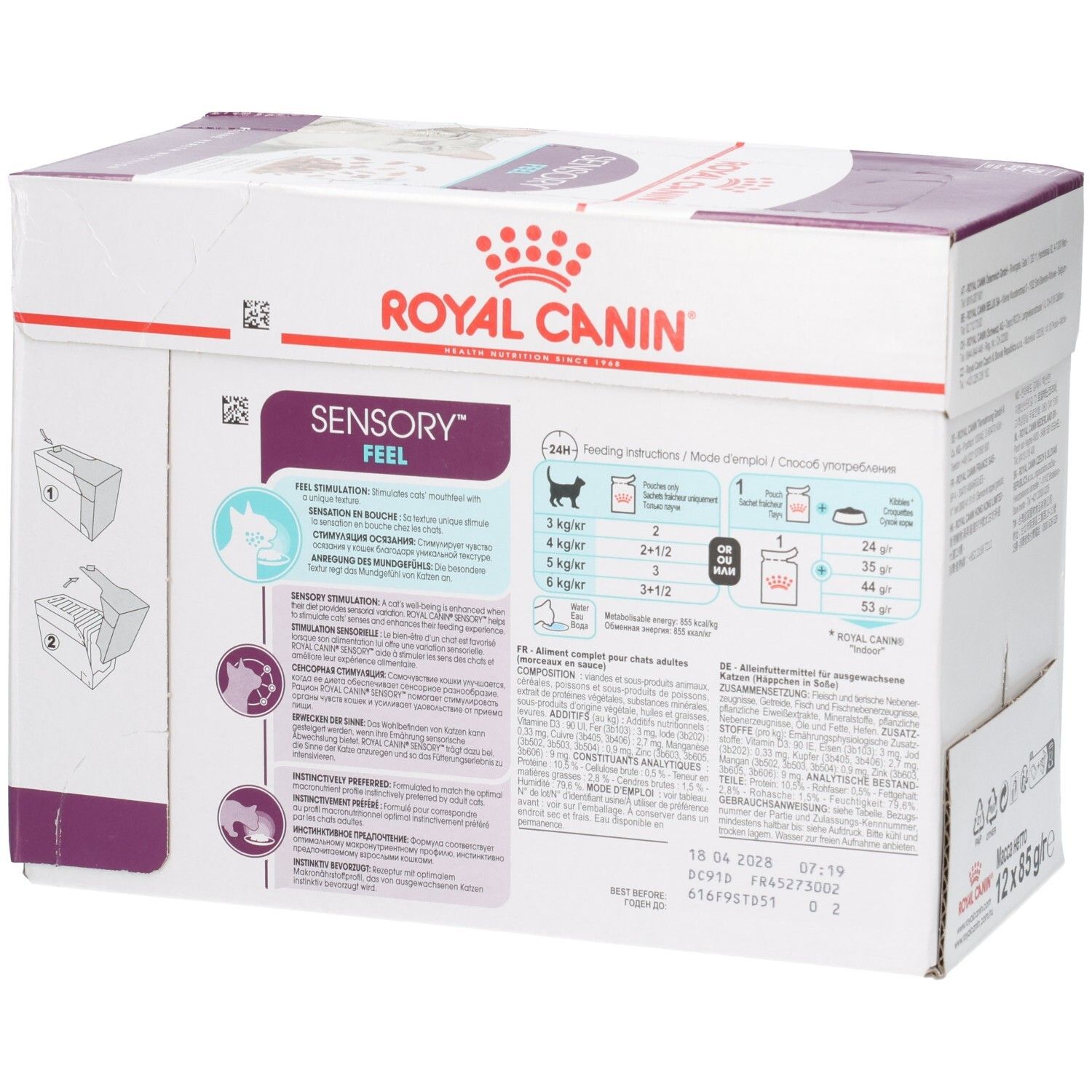 Achterkant van de Royal Canin Sensory Feel kattenvoer verpakking met gedetailleerde informatie en bereidingsinstructies.