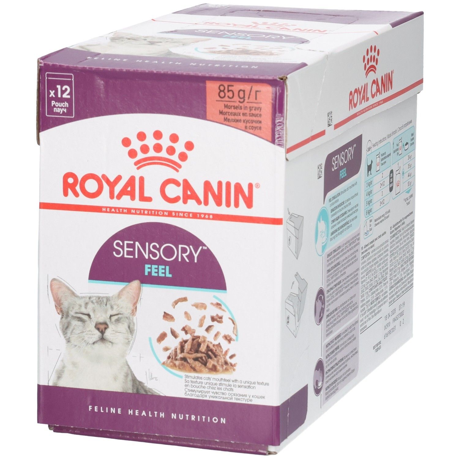 Royal Canin Sensory Feel kattenvoer, 12x85g Pouch. Voorkant met kat en productafbeelding.