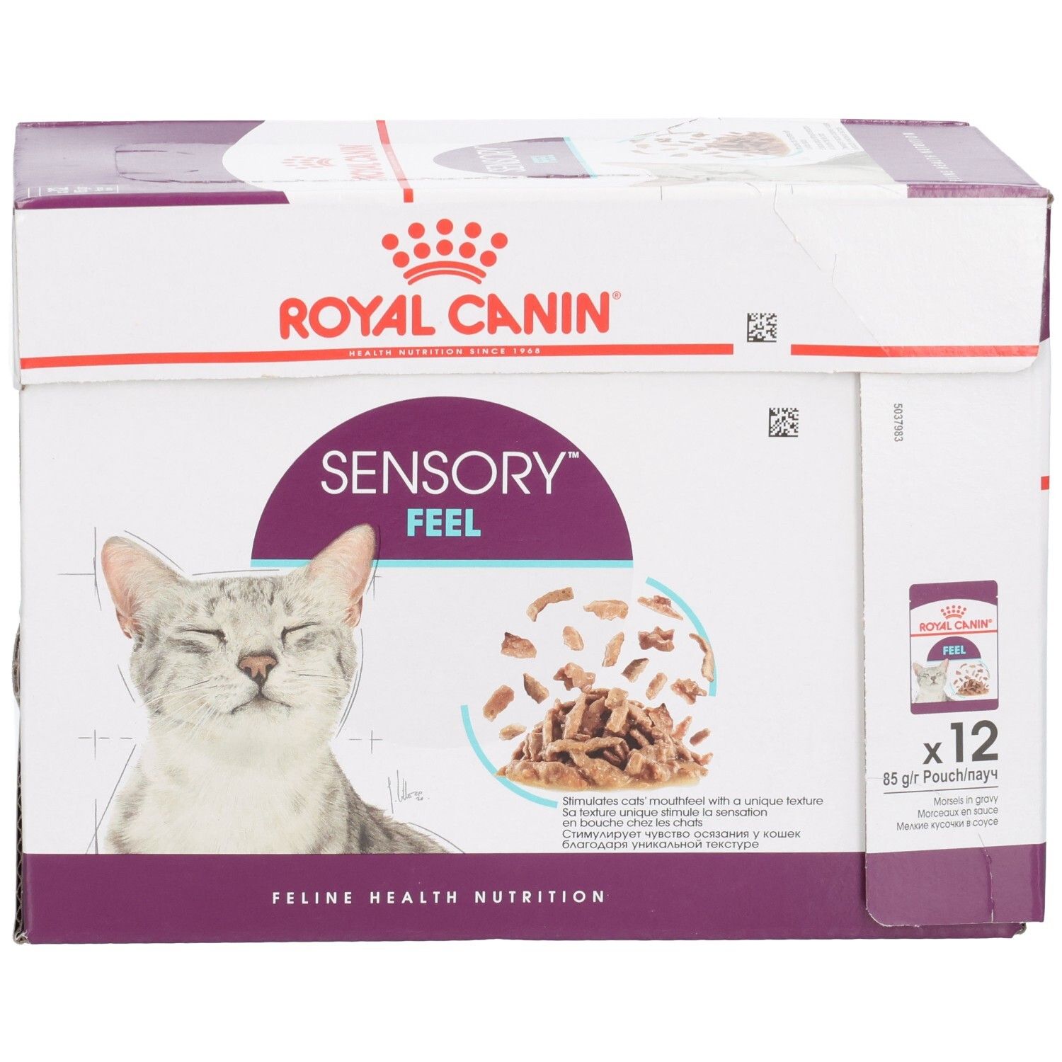 Royal Canin Sensory Feel kattenvoer, 12x85g Pouch. Zijaanzicht van de verpakking.