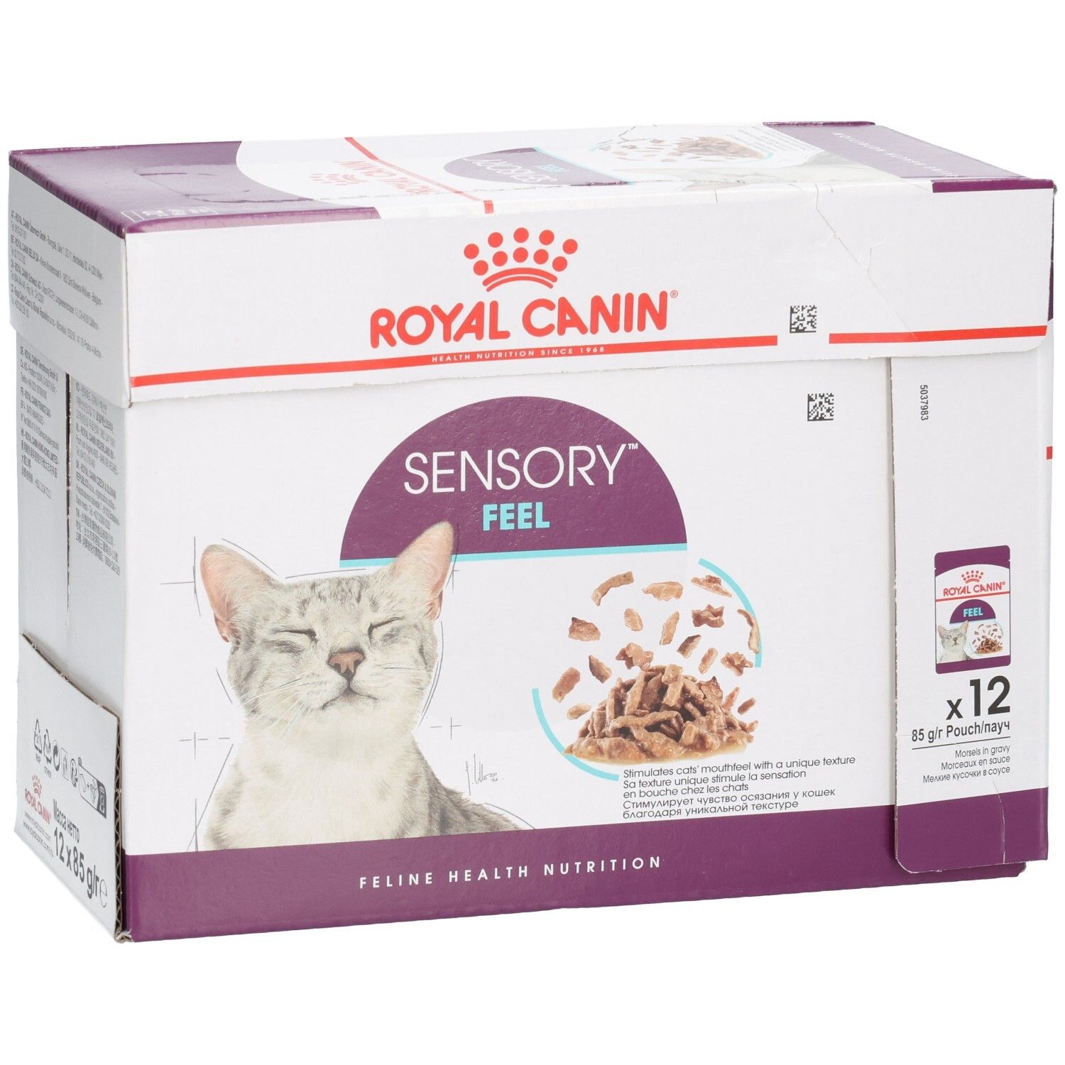 Royal Canin Sensory Feel kattenvoer, 12x85g Pouch. Voorkant met kat en productafbeelding.