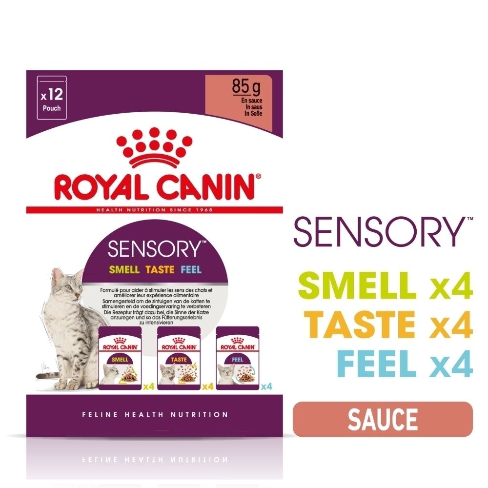 Nourriture pour chat Royal Canin Sensory, 12 sachets de 85g en sauce. Comprend des variantes pour l'odorat, le goût et le toucher.