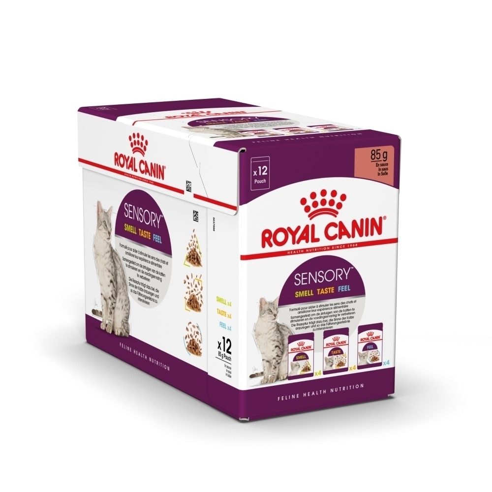 Boîte de nourriture pour chats Royal Canin Sensory, 12 sachets de 85g chacun.