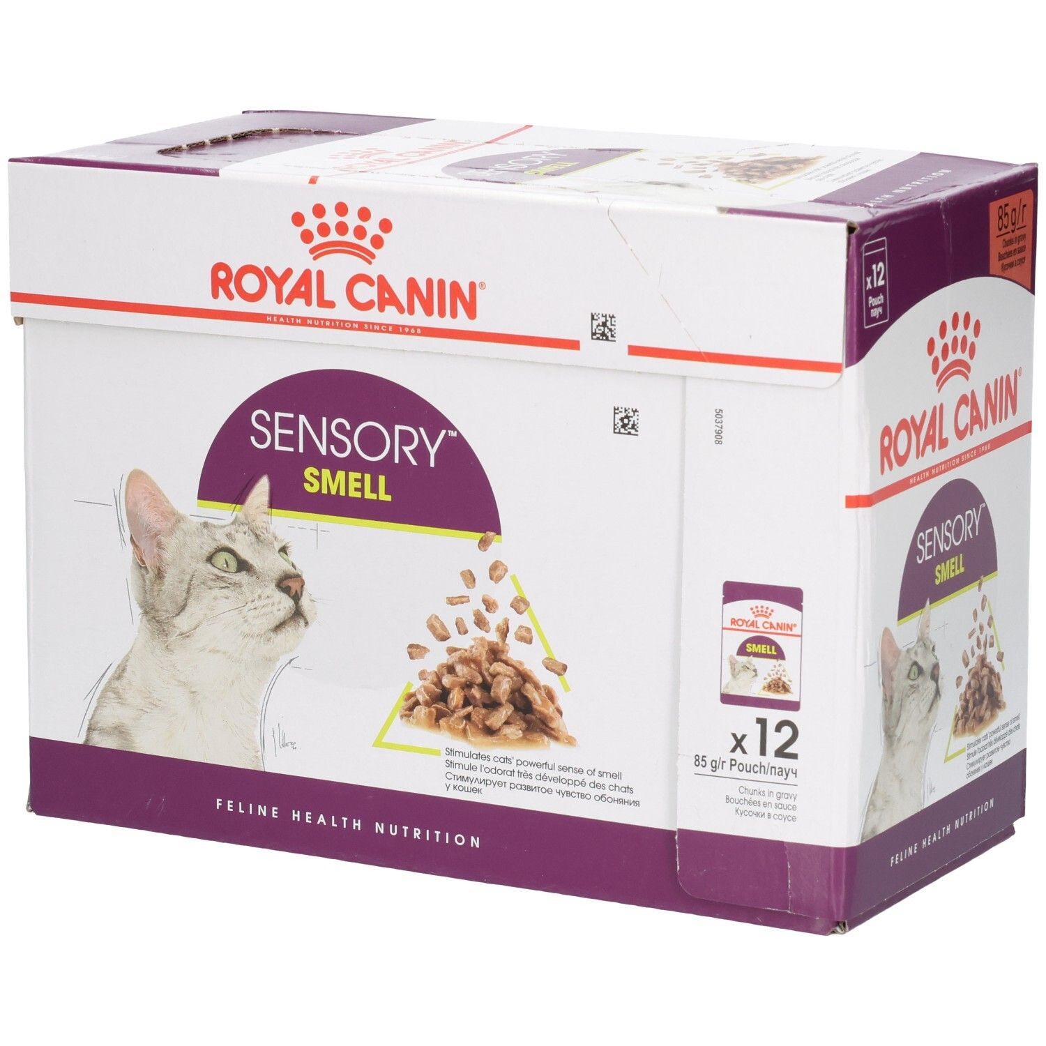Doos met 12 zakjes Royal Canin Sensory Smell voor katten, 85g per stuk.