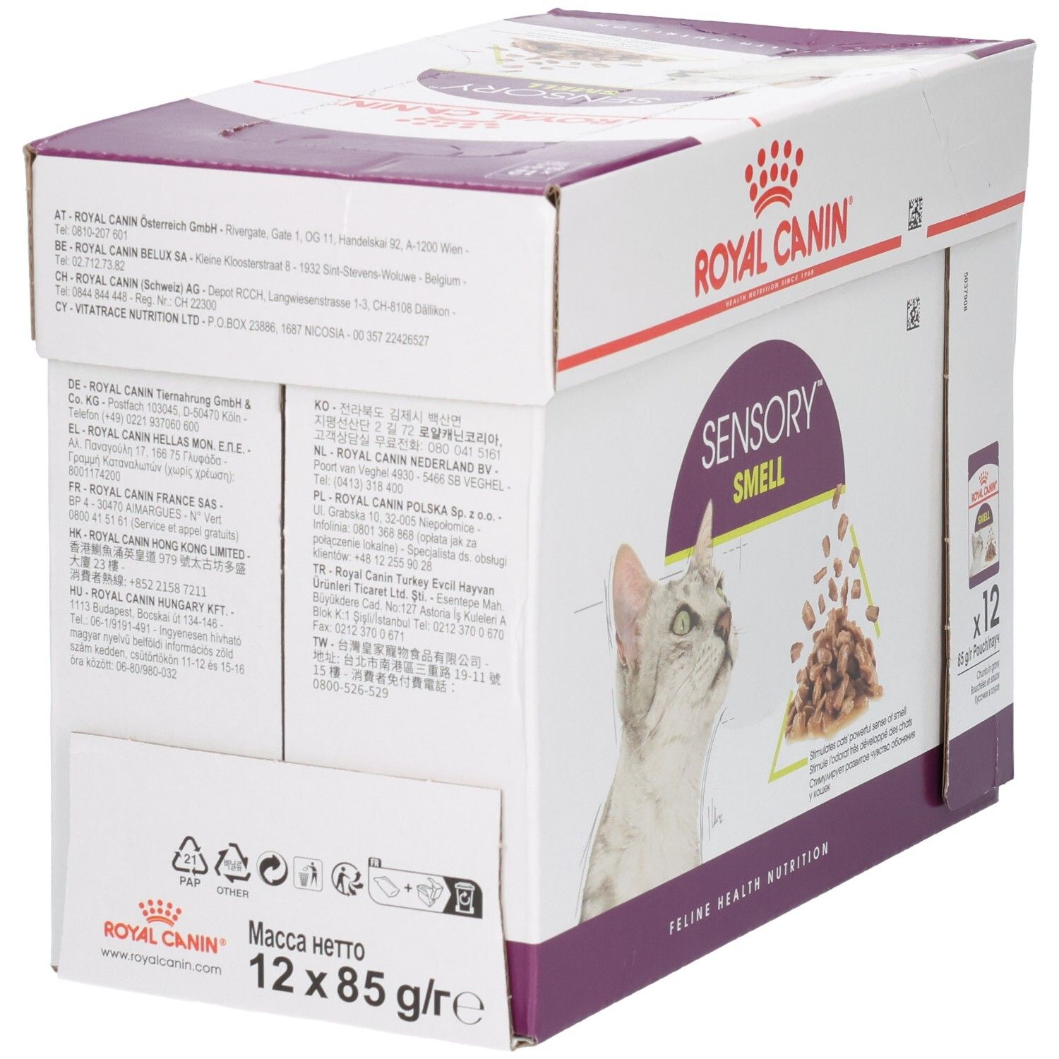 Achterkant van een Royal Canin Sensory Smell kattenvoerdoos met productinformatie.