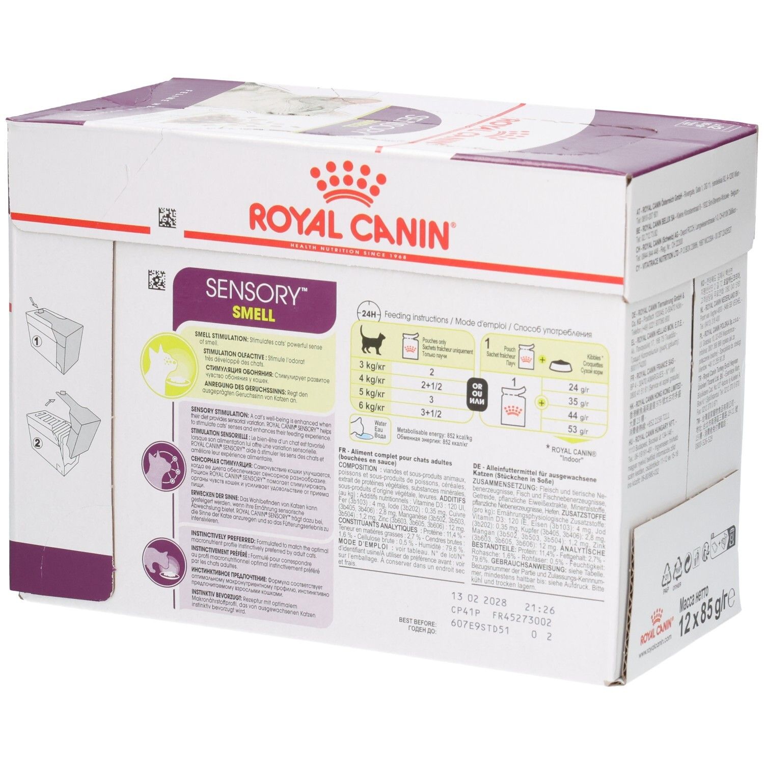Achterkant van een Royal Canin Sensory Smell kattenvoerdoos met voedingsinstructies.