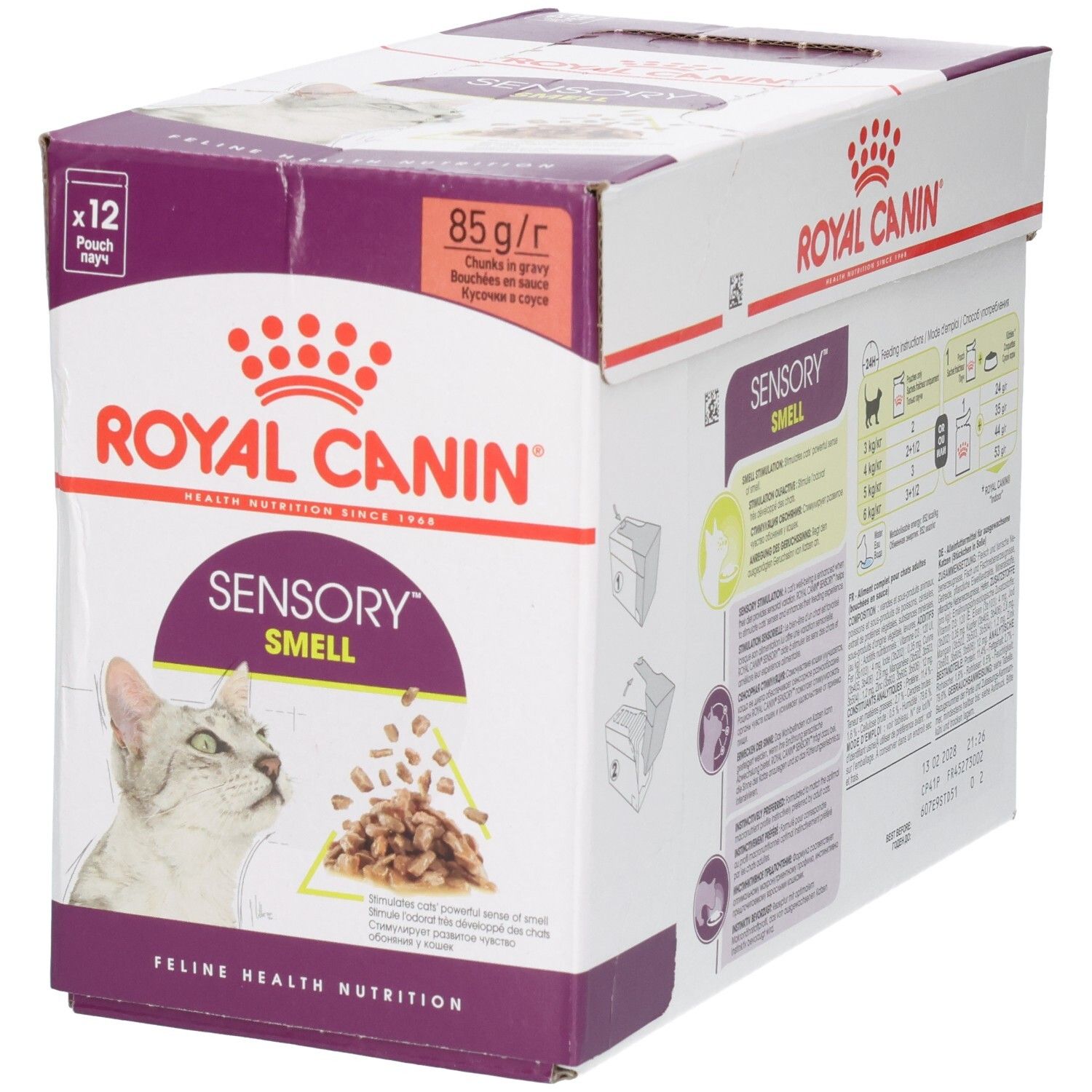 Zijaanzicht van een Royal Canin Sensory Smell kattenvoerdoos, 12 zakjes van 85g.