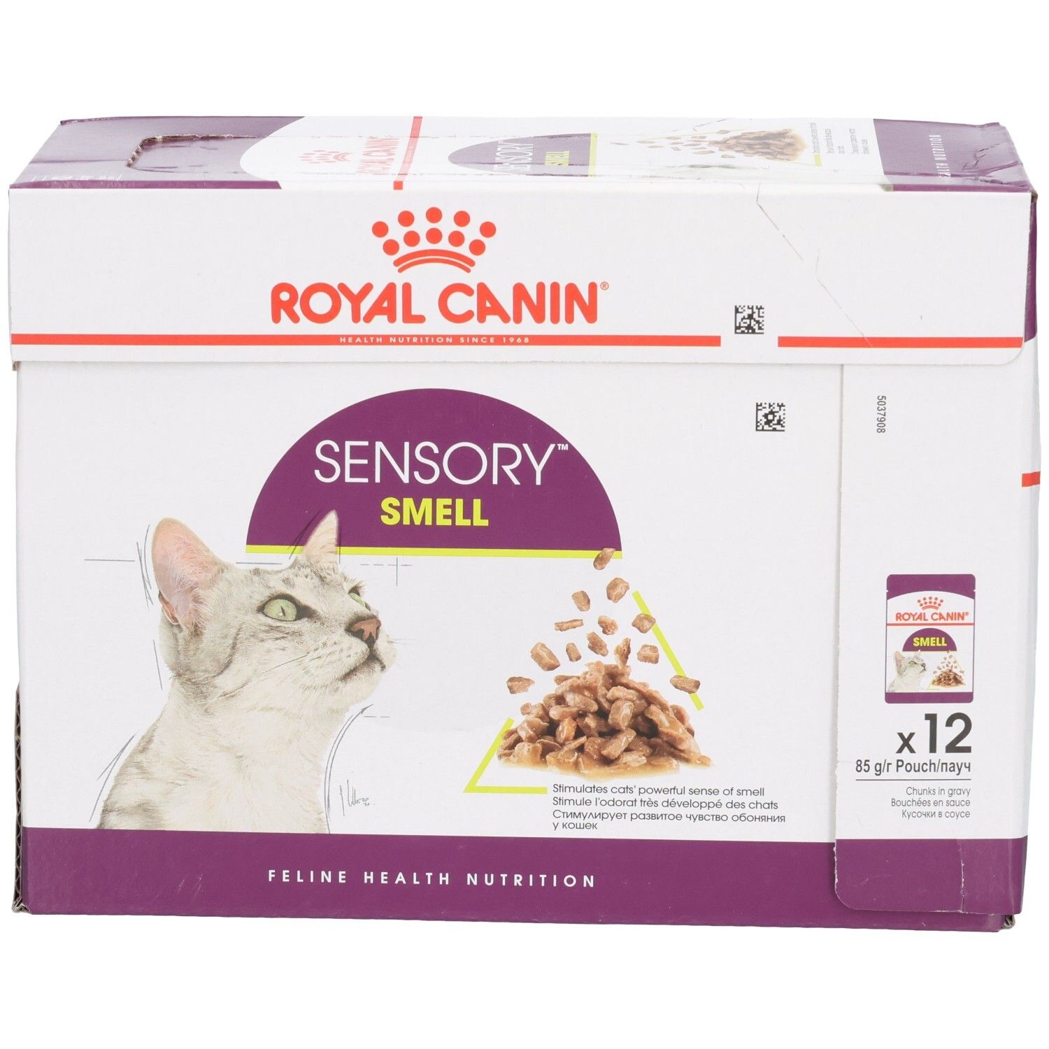Voorkant van een Royal Canin Sensory Smell kattenvoerdoos met kattenafbeelding.