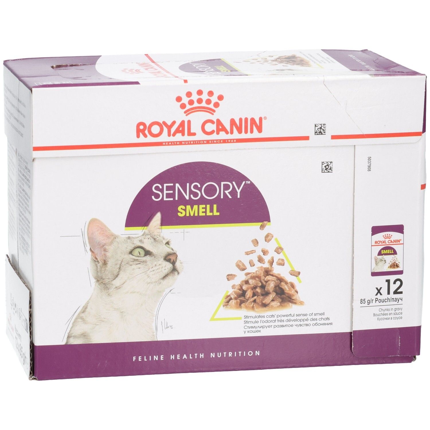 Royal Canin Sensory Smell kattenvoerdoos, 12 zakjes van 85g, met focus op productnaam.