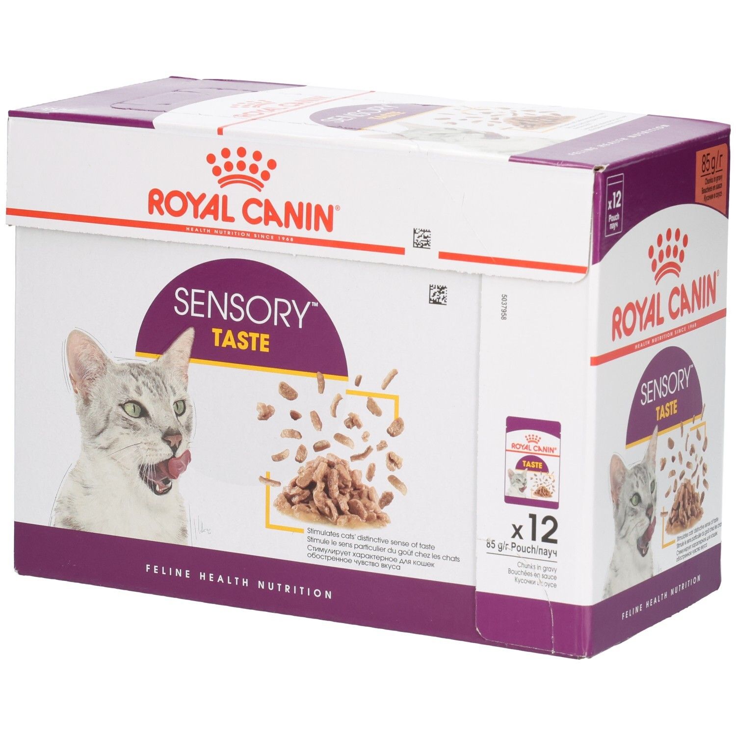 Doos Royal Canin Sensory Taste kattenvoer met 12x 85g zakjes, vooraanzicht.