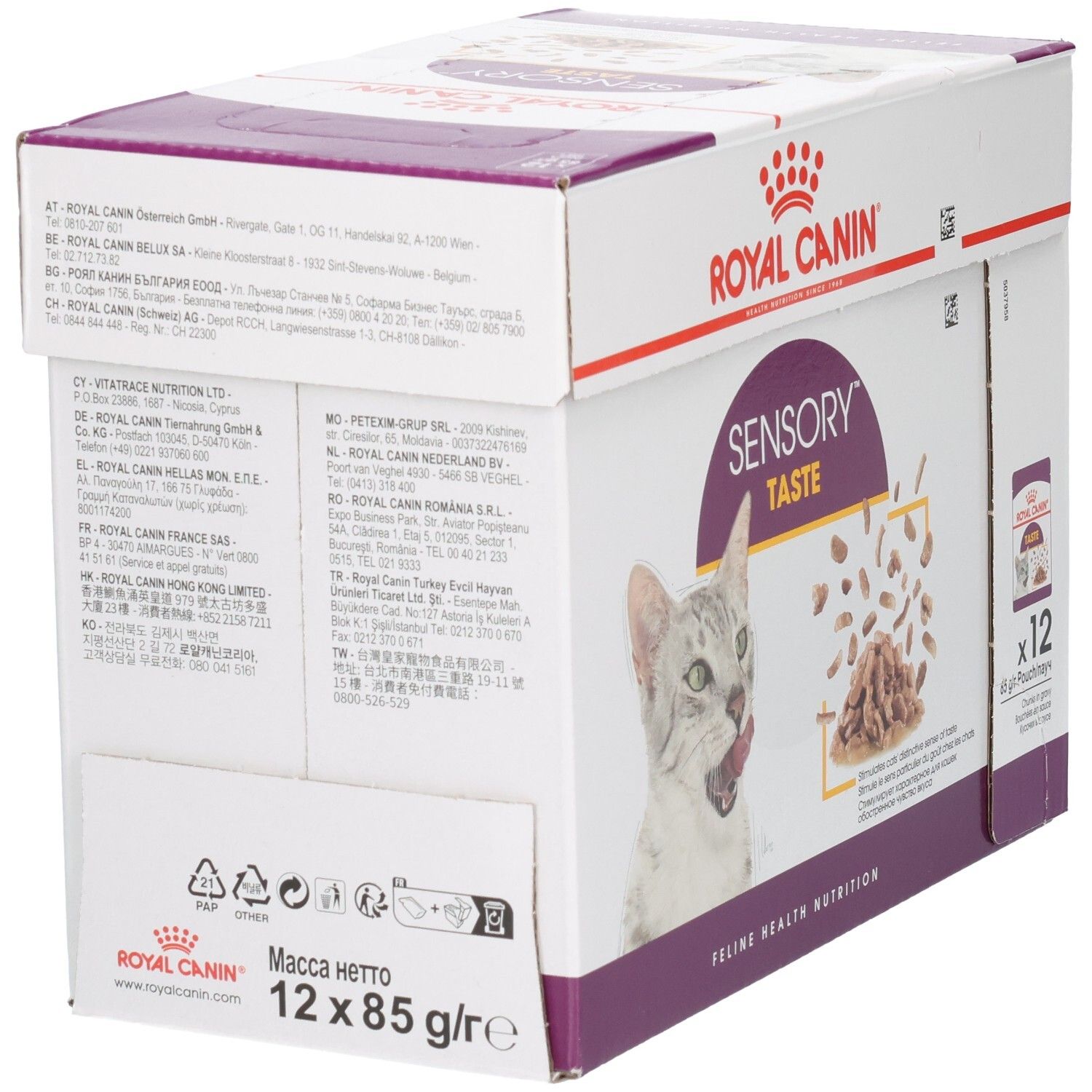 Doos Royal Canin Sensory Taste kattenvoer, achterkant met adres- en productinformatie.